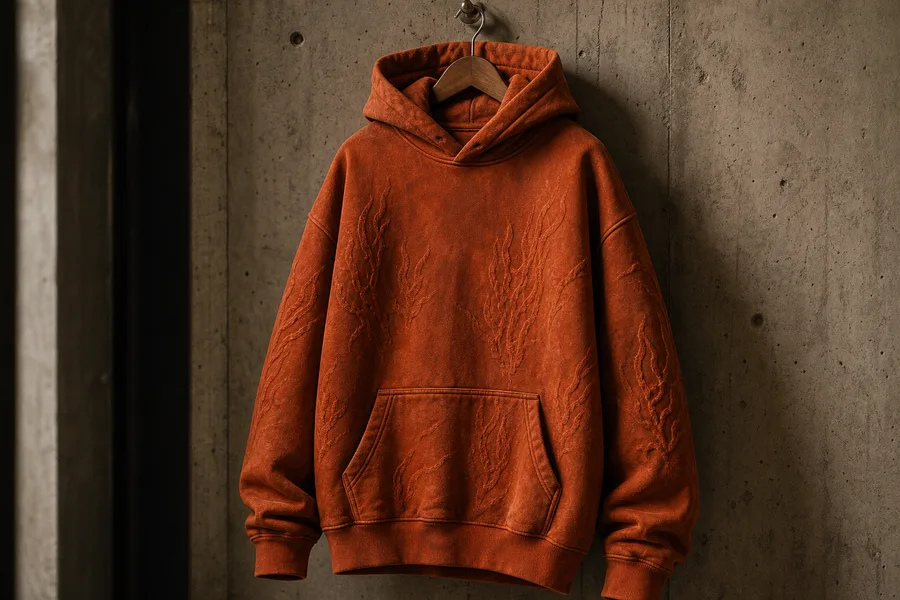 Streetwear hoodie production run with puff print graphics