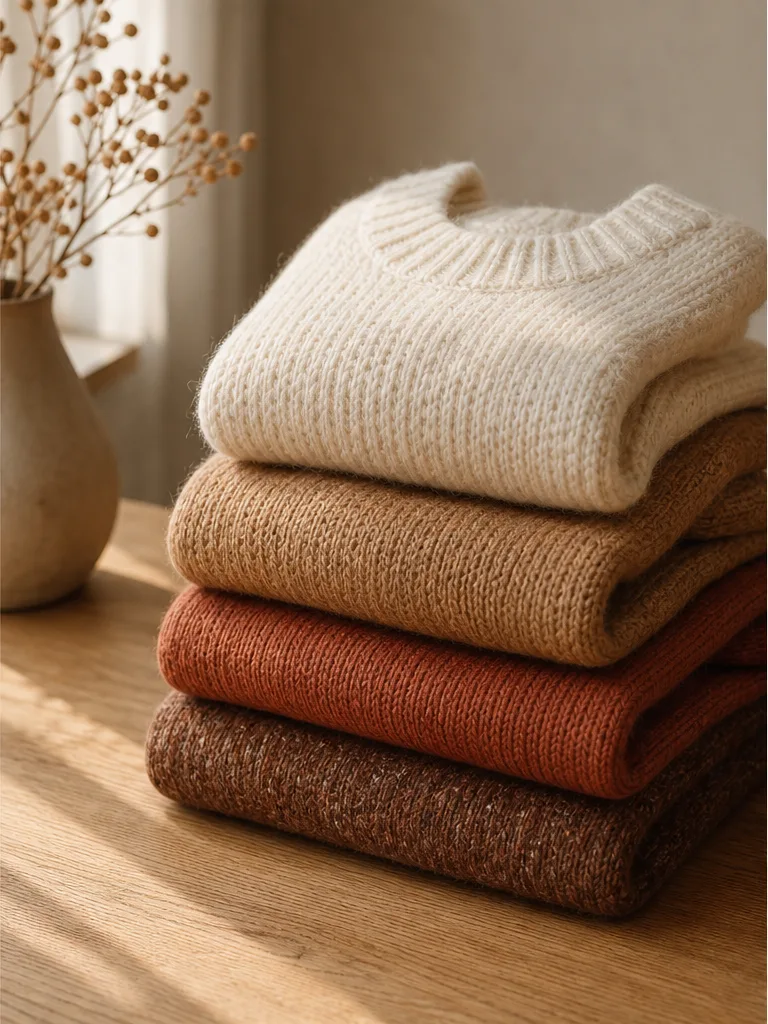 Knitwear manufacturing, folded wool blend sweaters