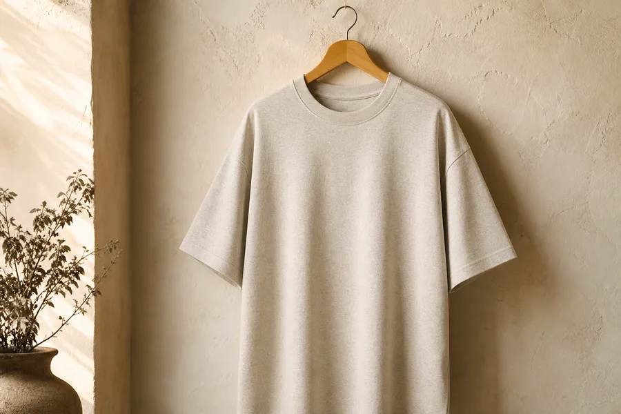 Custom printed t-shirt manufacturing, heavyweight cotton tee on hanger