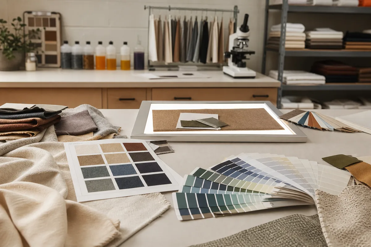 Fabric quality testing in laboratory with colour swatches