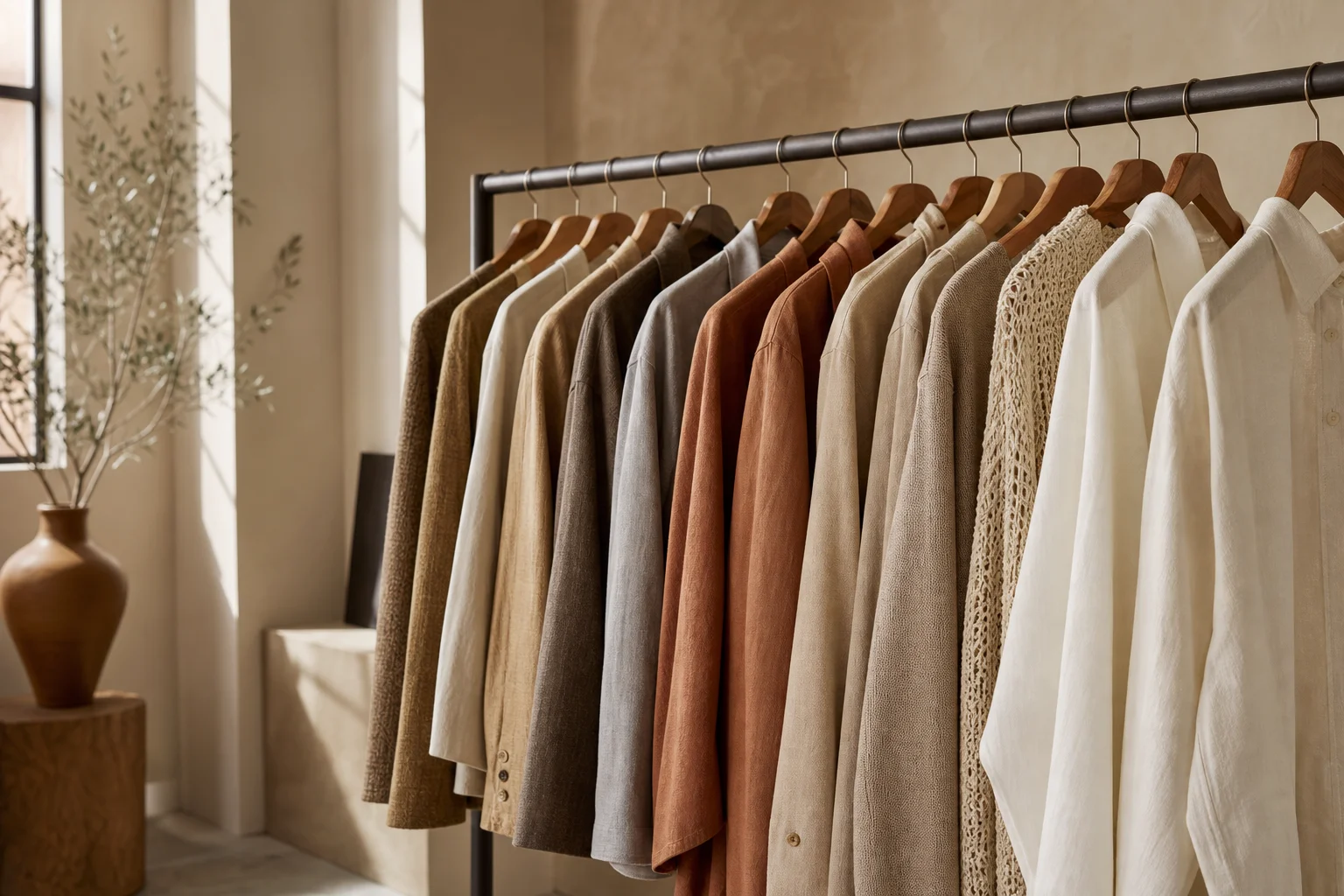 Finished garments on a rack in a clothing manufacturer showroom