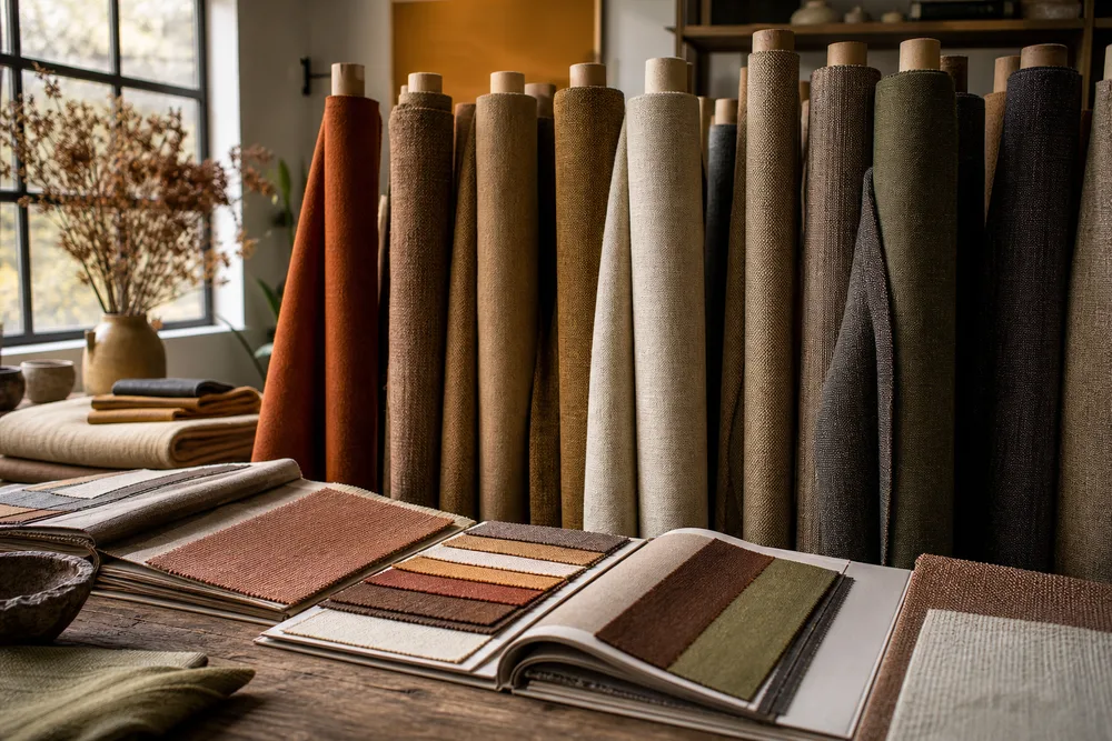 Fabric rolls and swatch books in sourcing room