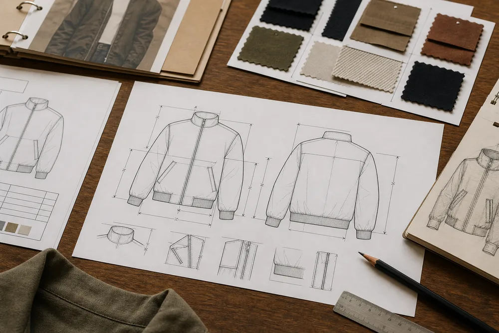 Tech pack documents with garment sketches and measurements