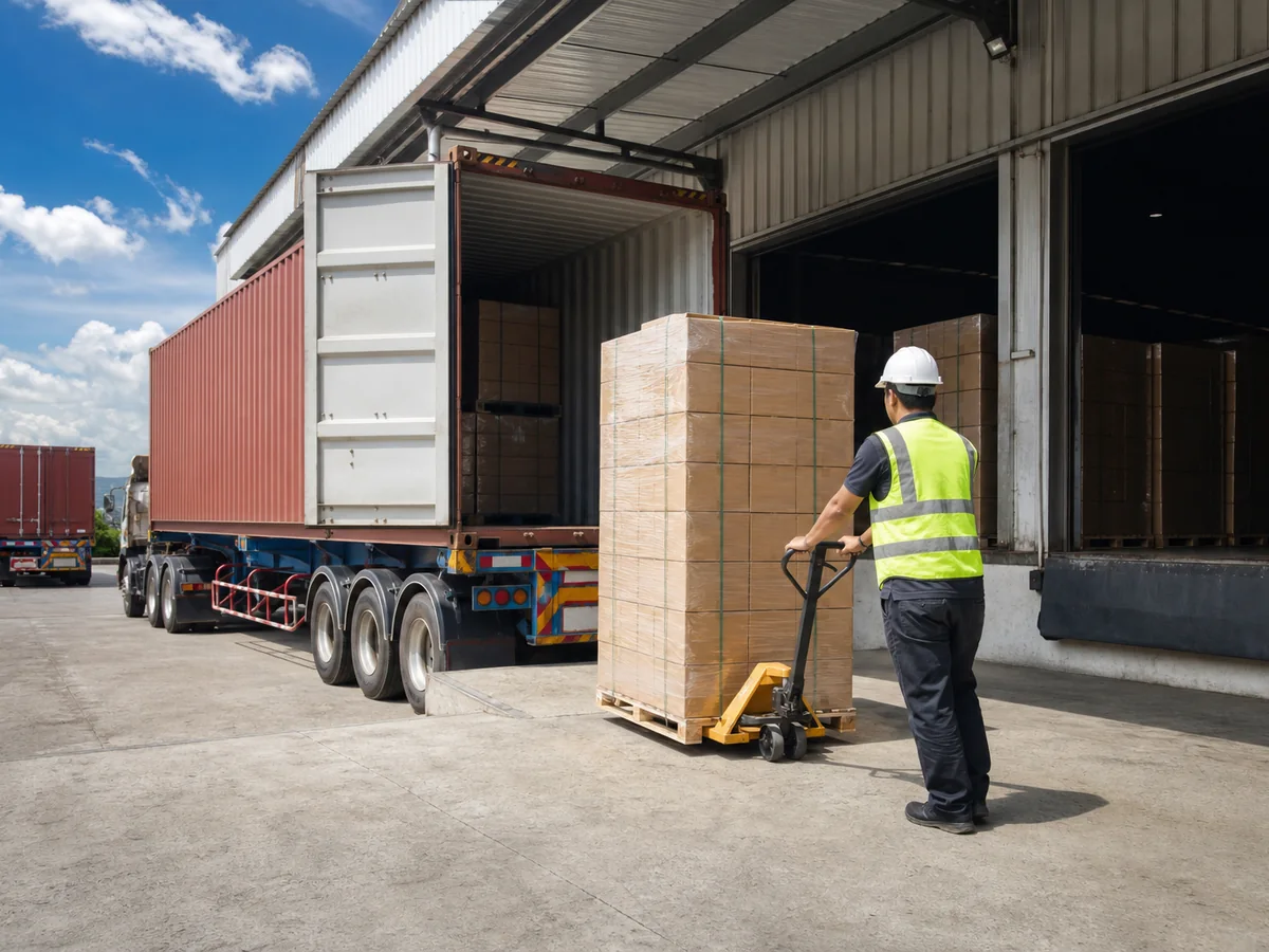 Pallets being loaded into a shipping container at a loading dock