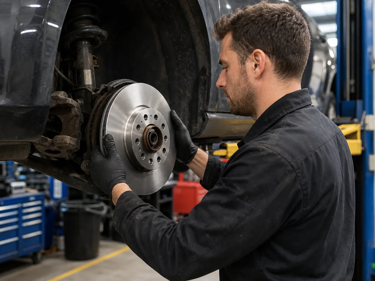 Mechanic fitting a new brake disc in a fleet workshop