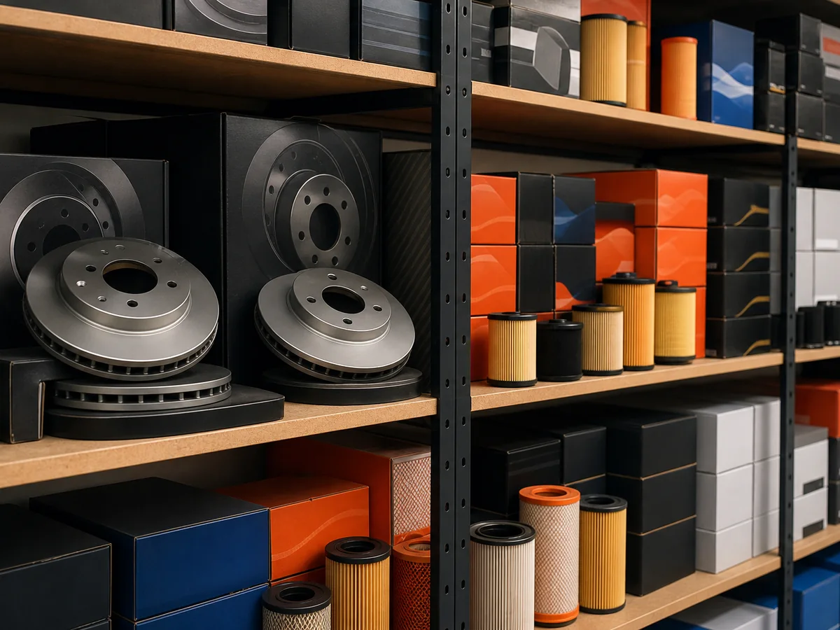 Distributor shelf stocked with boxed brake discs and filters