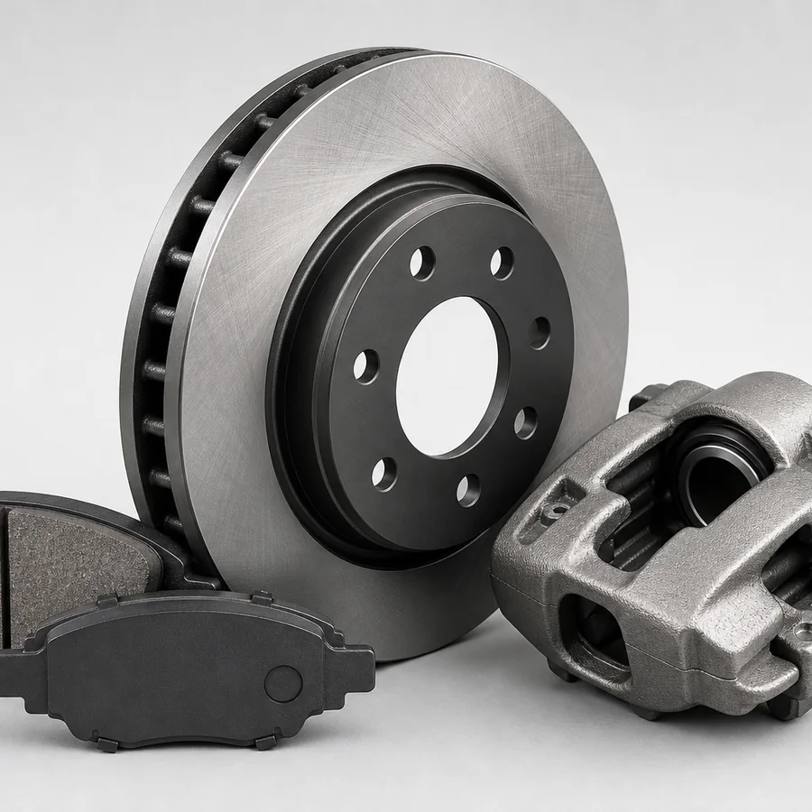 Brake disc, pads and caliper on grey studio background