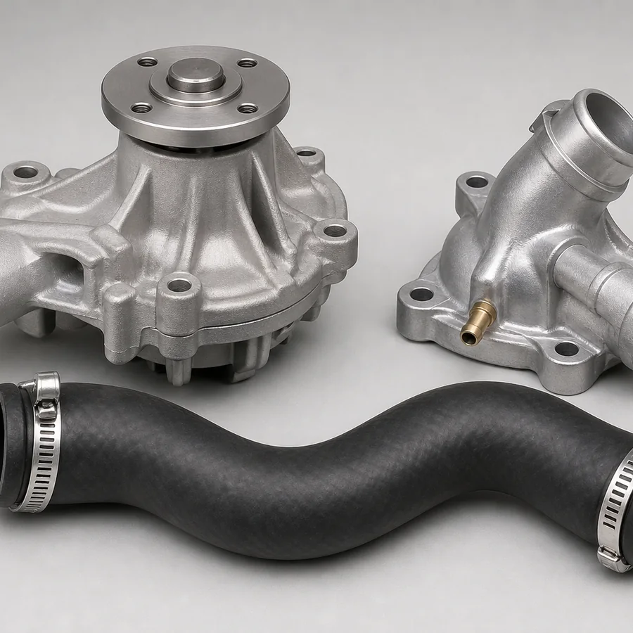 Water pump, thermostat housing and radiator hose