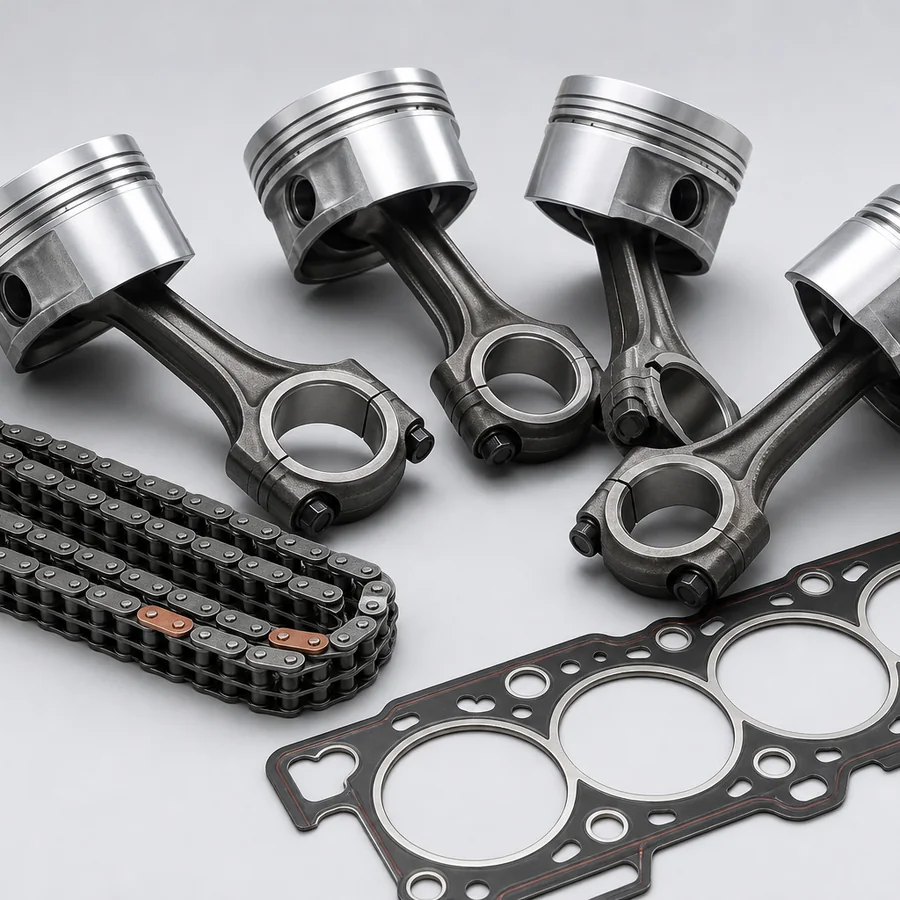Engine parts: pistons, connecting rods, timing chain, gasket