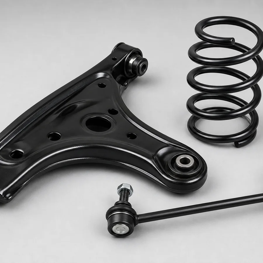 Control arm, coil spring and stabilizer link