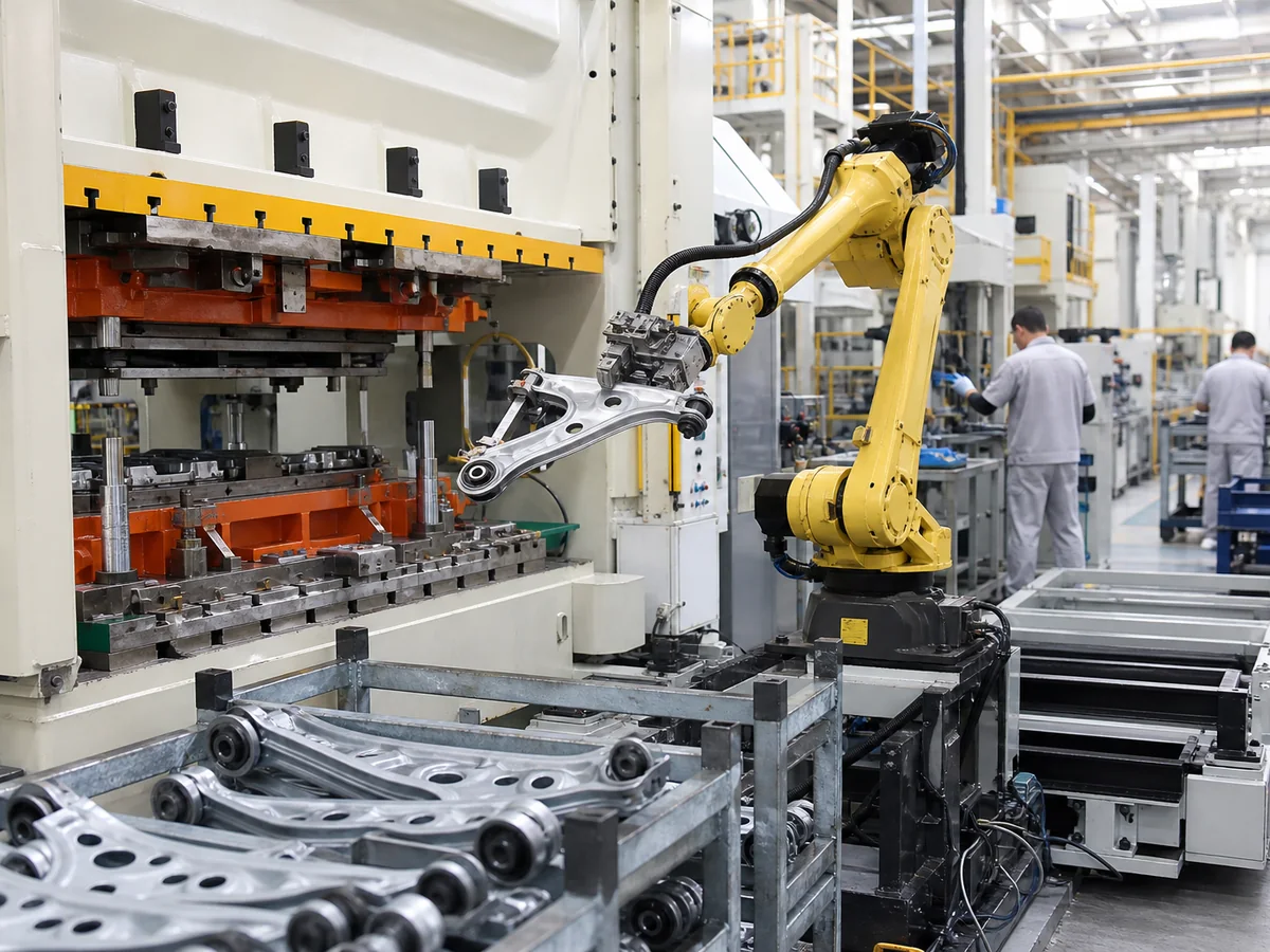 Robotic arm transferring stamped control arms on a press line