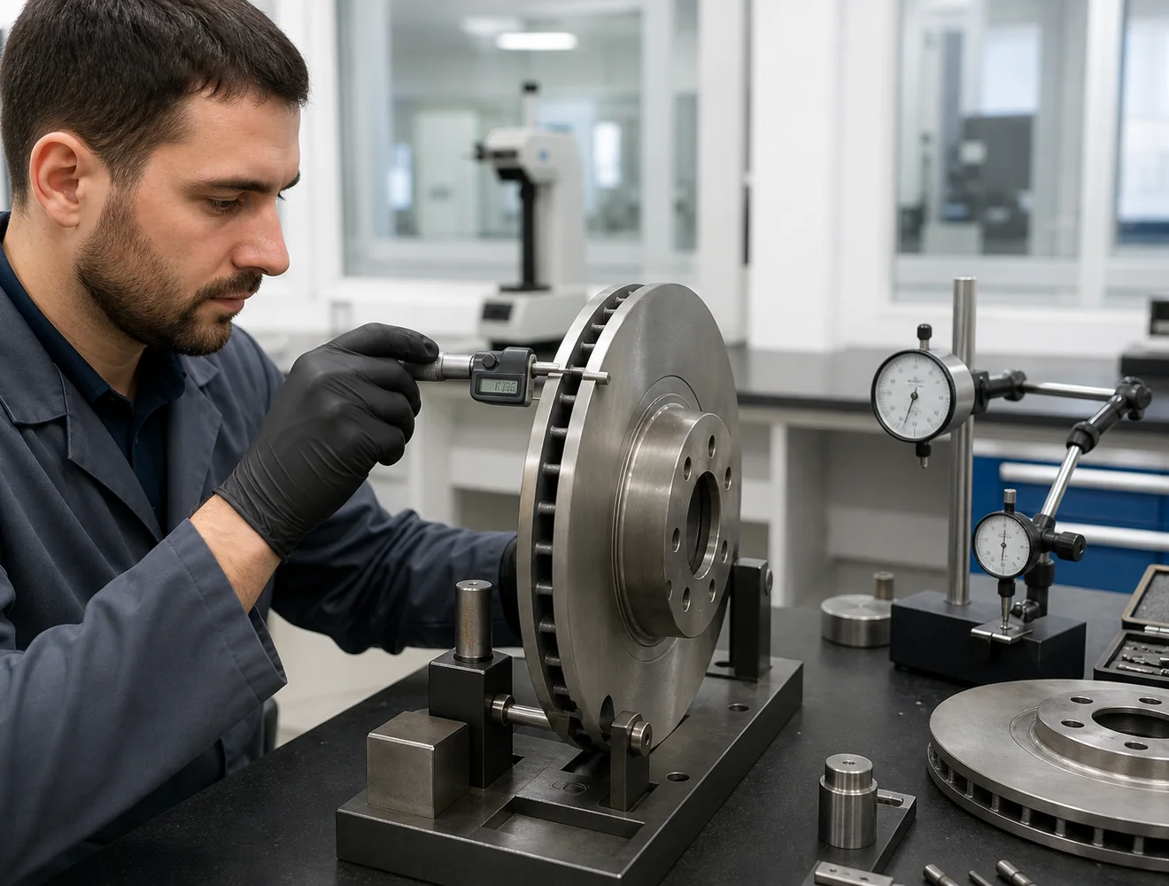 Technician measuring a brake disc with a micrometer at a bench test station