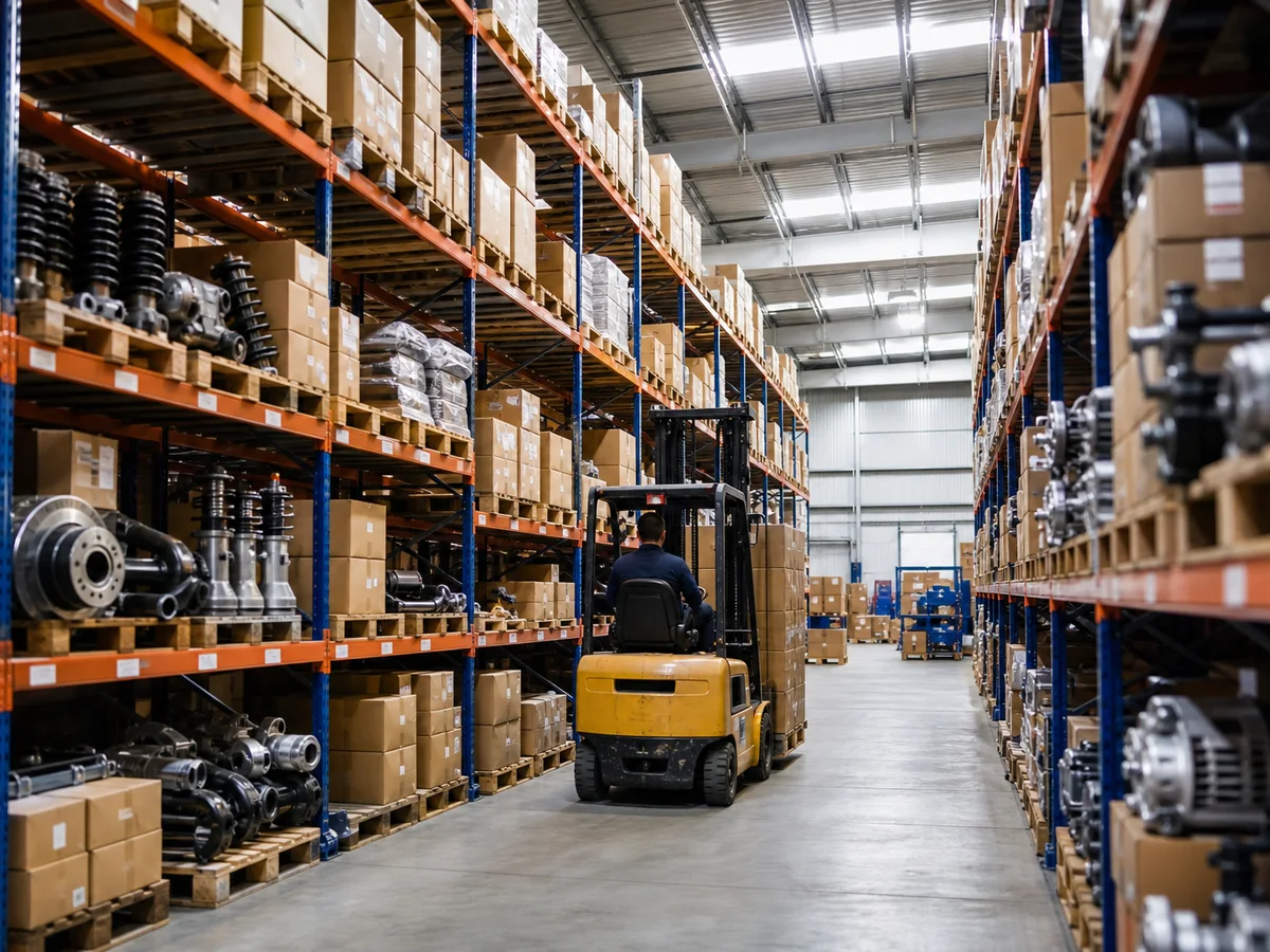 Auto parts warehouse with racked pallets and a forklift