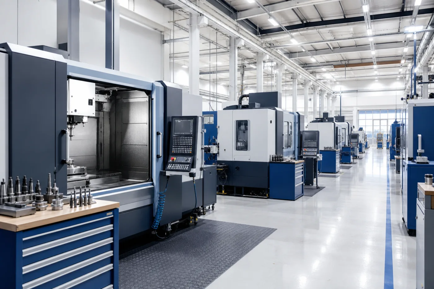 Clean CNC machining factory floor