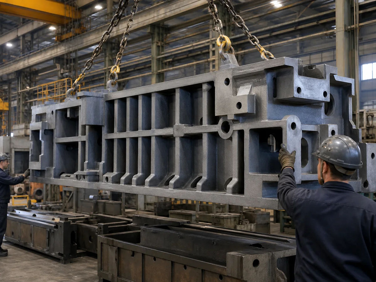 Cast iron machine base lifted in the casting shop