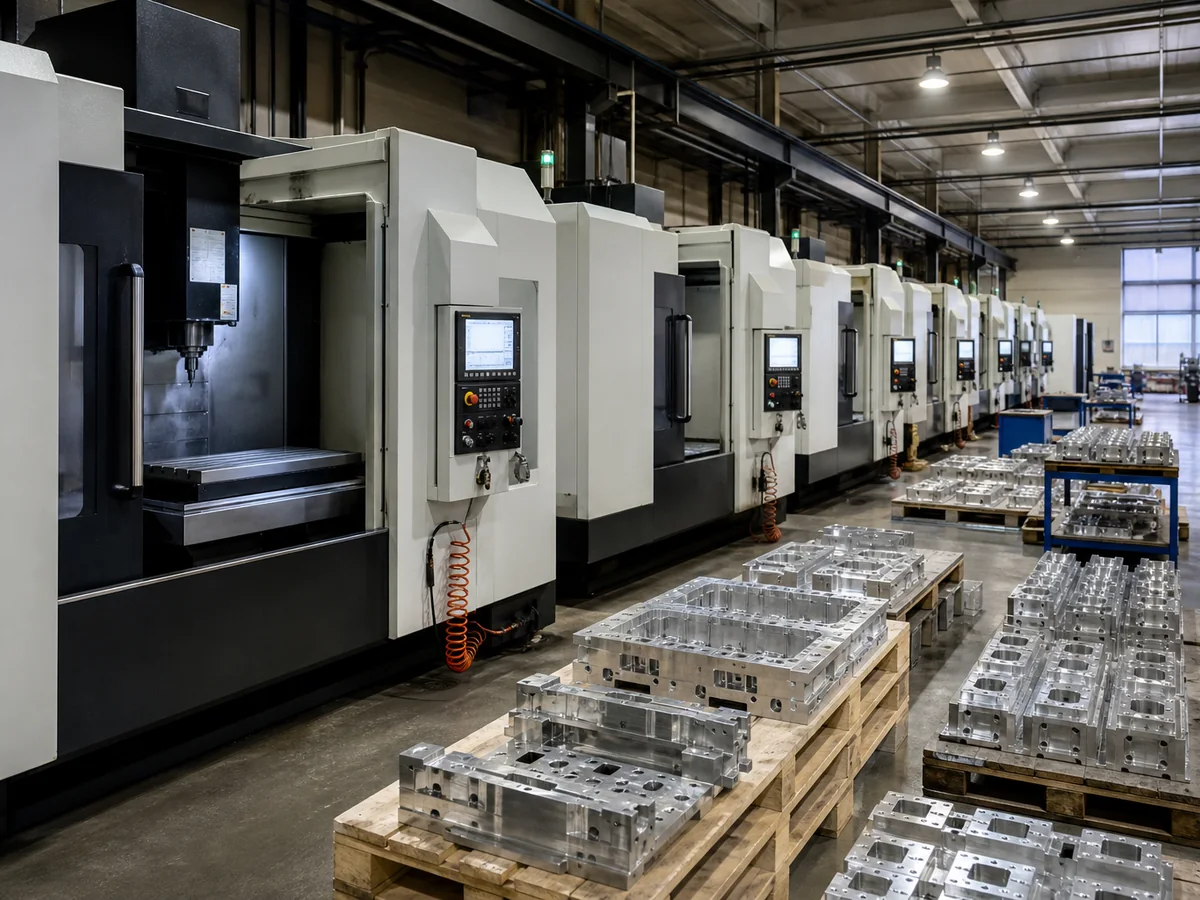 Row of machining centers running mold plates