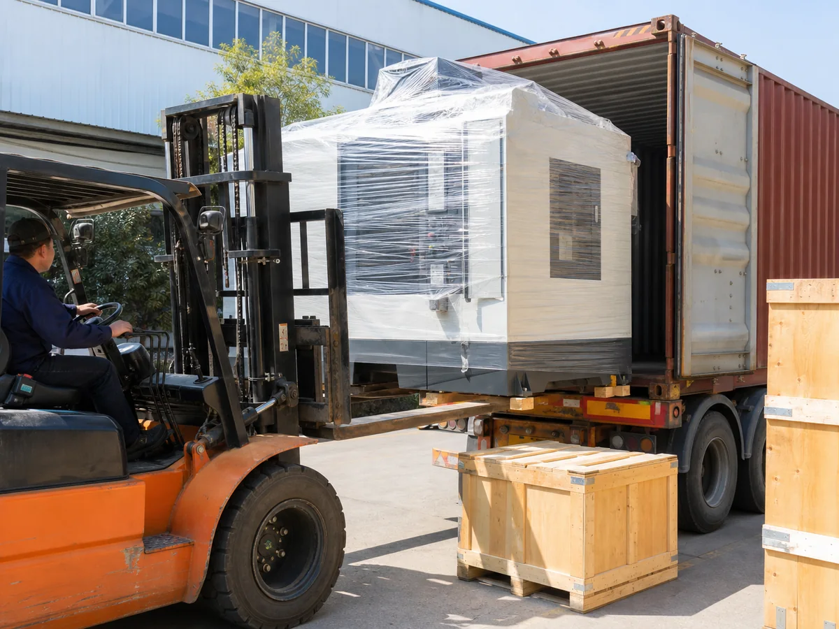 CNC machine loaded into container at the Suzhou dock