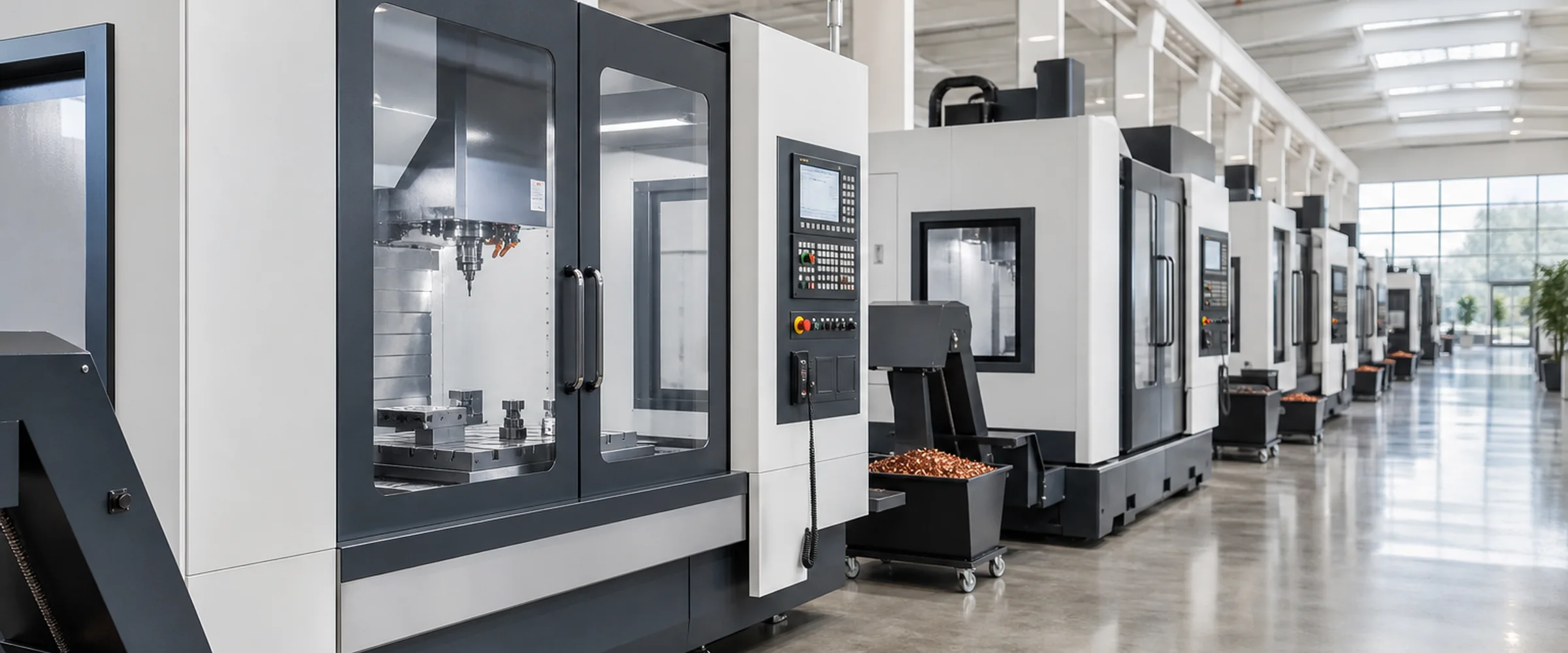 Row of AXISMILL vertical machining centers in the assembly hall