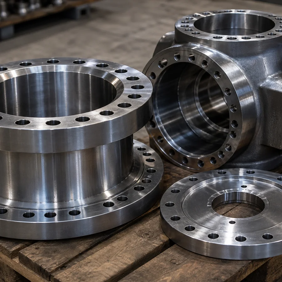 Machined steel flanges and valve bodies
