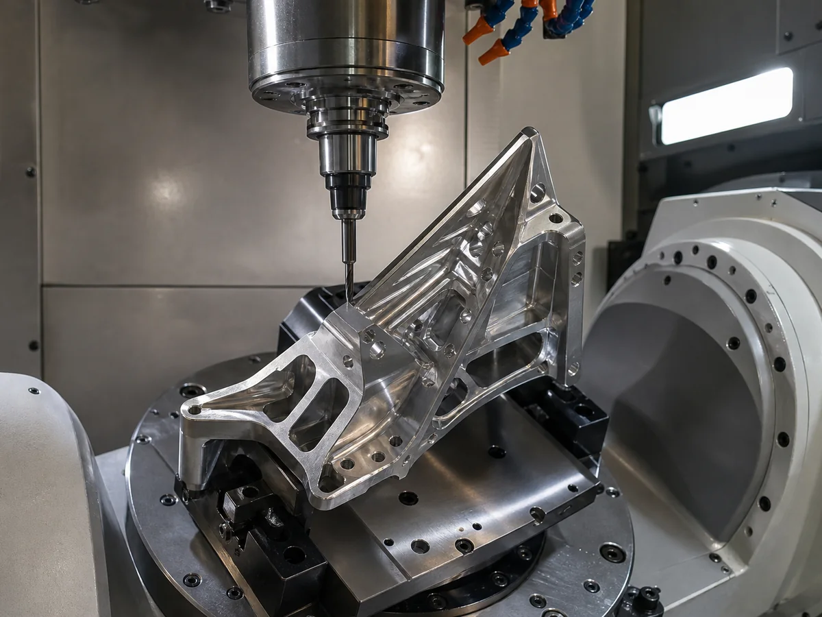 5 axis machining of a stainless steel bracket on a rotary table