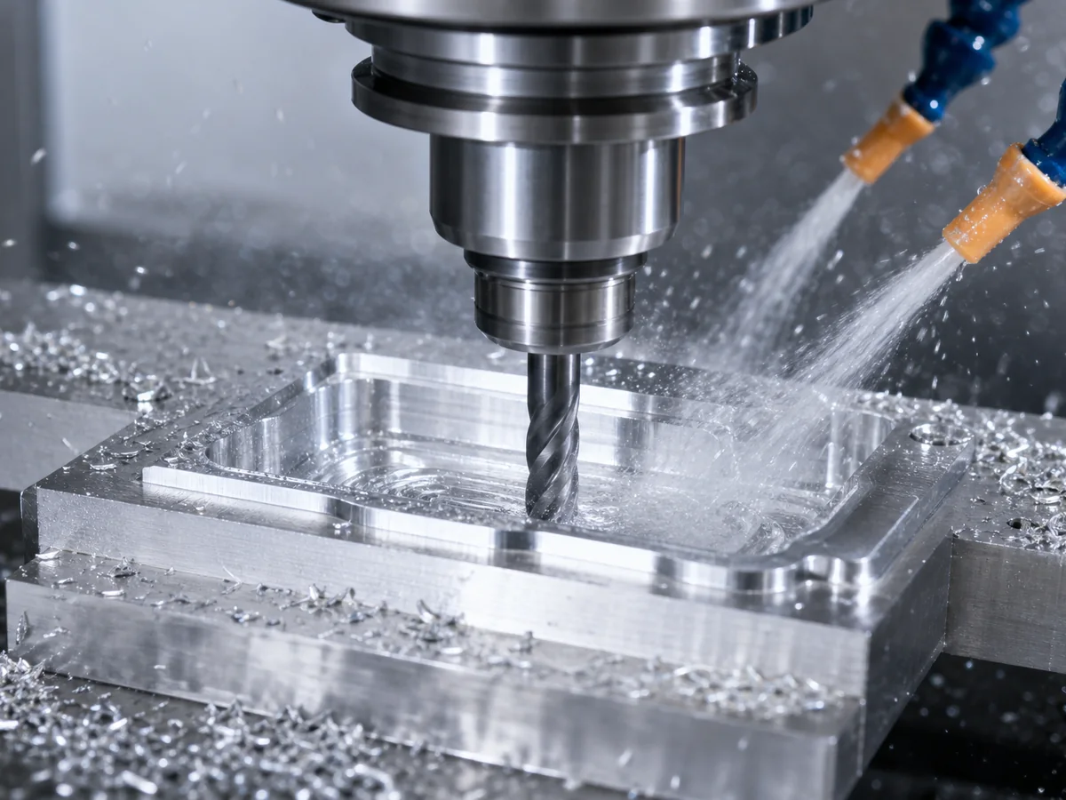 End mill cutting a pocket in an aluminum block with coolant