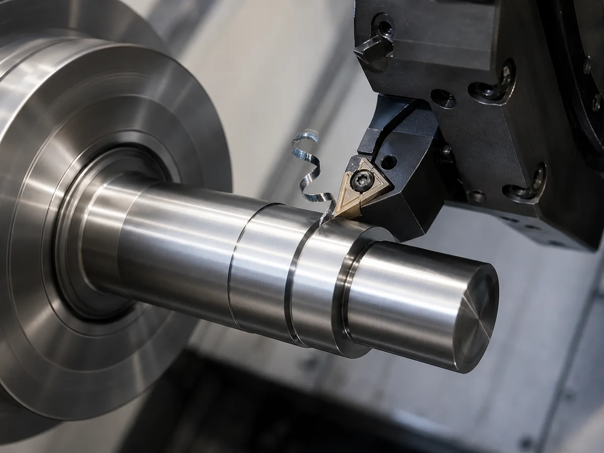 Carbide insert turning a polished steel shaft on a CNC lathe