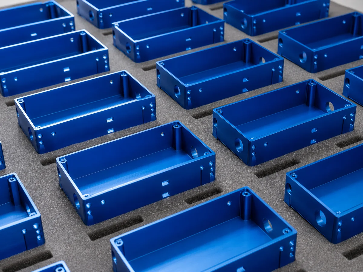 Batch of blue anodized aluminum electronics housings in foam trays