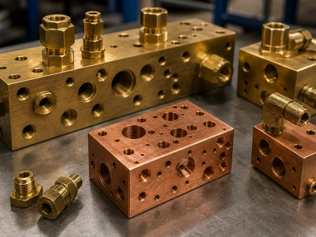 Machined brass and copper hydraulic manifold blocks with ports
