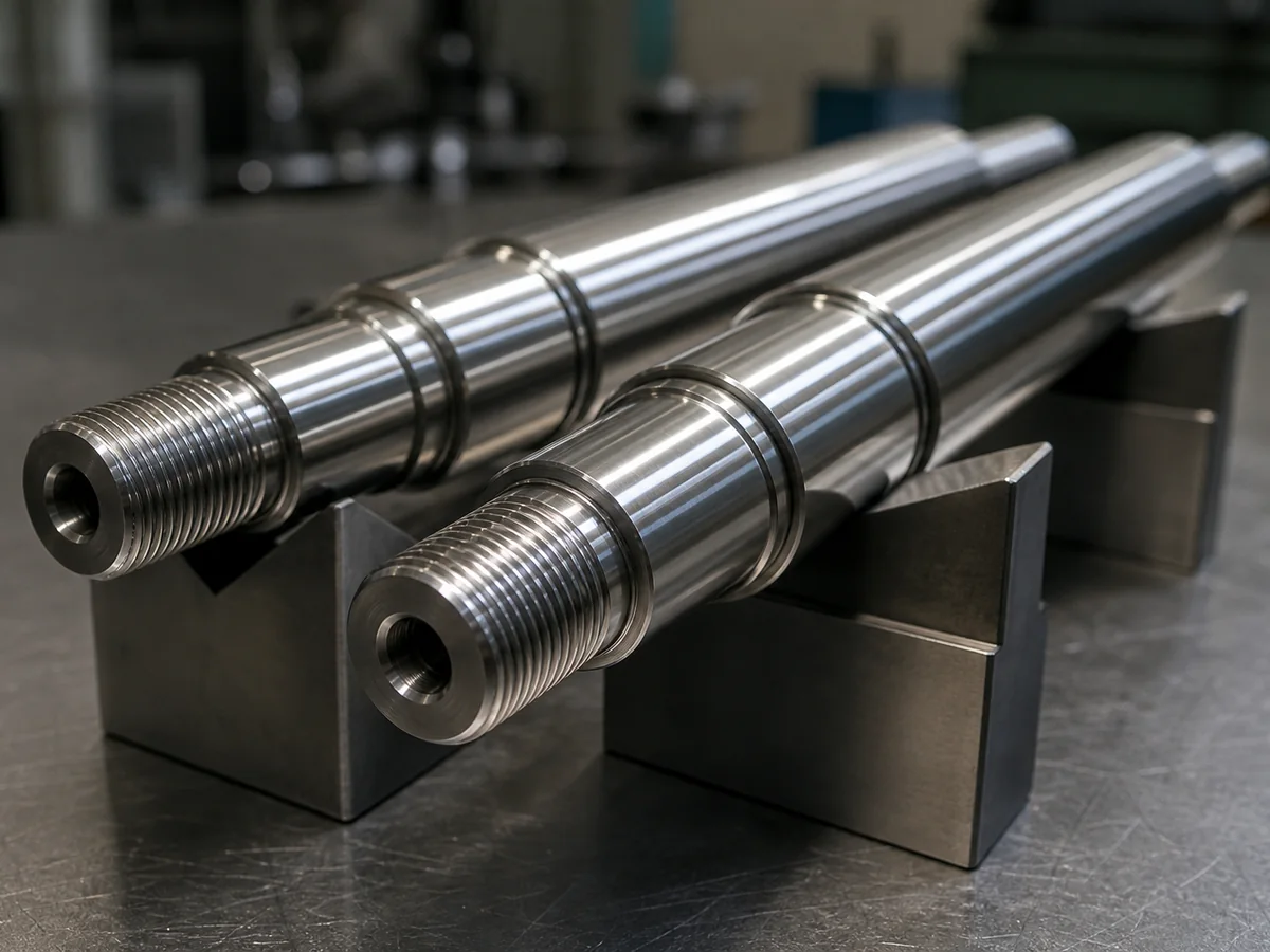 Precision ground stainless steel shafts resting on v-blocks