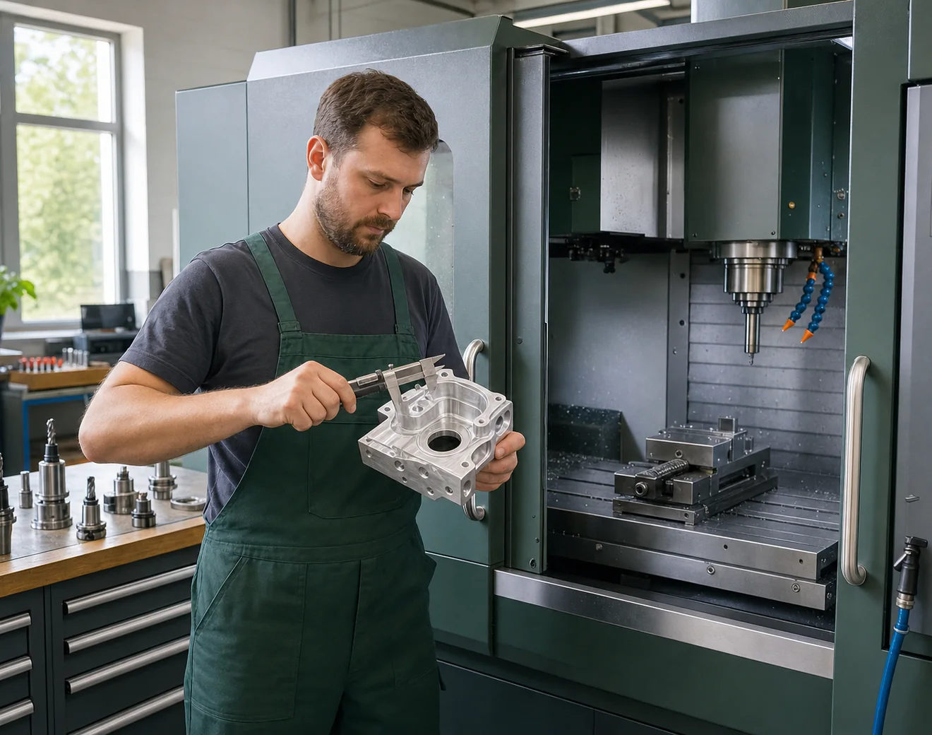 Machinist checking a machined aluminum housing at a CNC milling machine