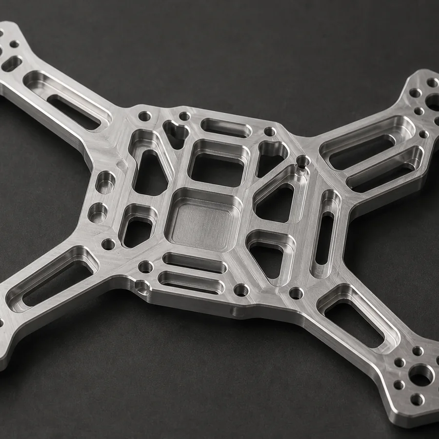 Machined aluminum drone frame plate with weight-saving pockets