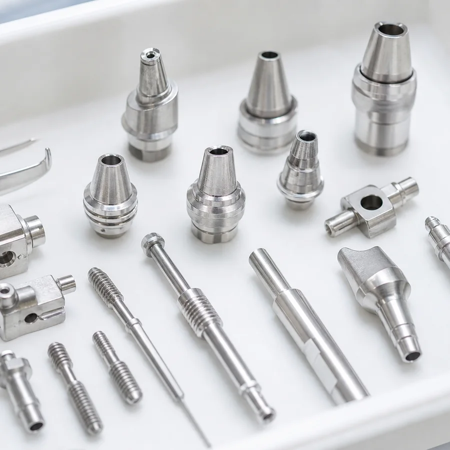 Small machined stainless steel surgical instrument components on a tray