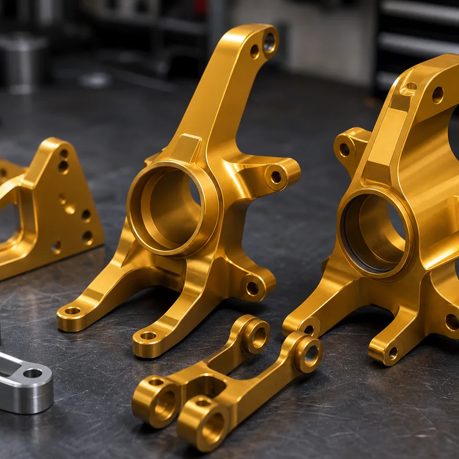 Gold anodized machined motorsport suspension uprights