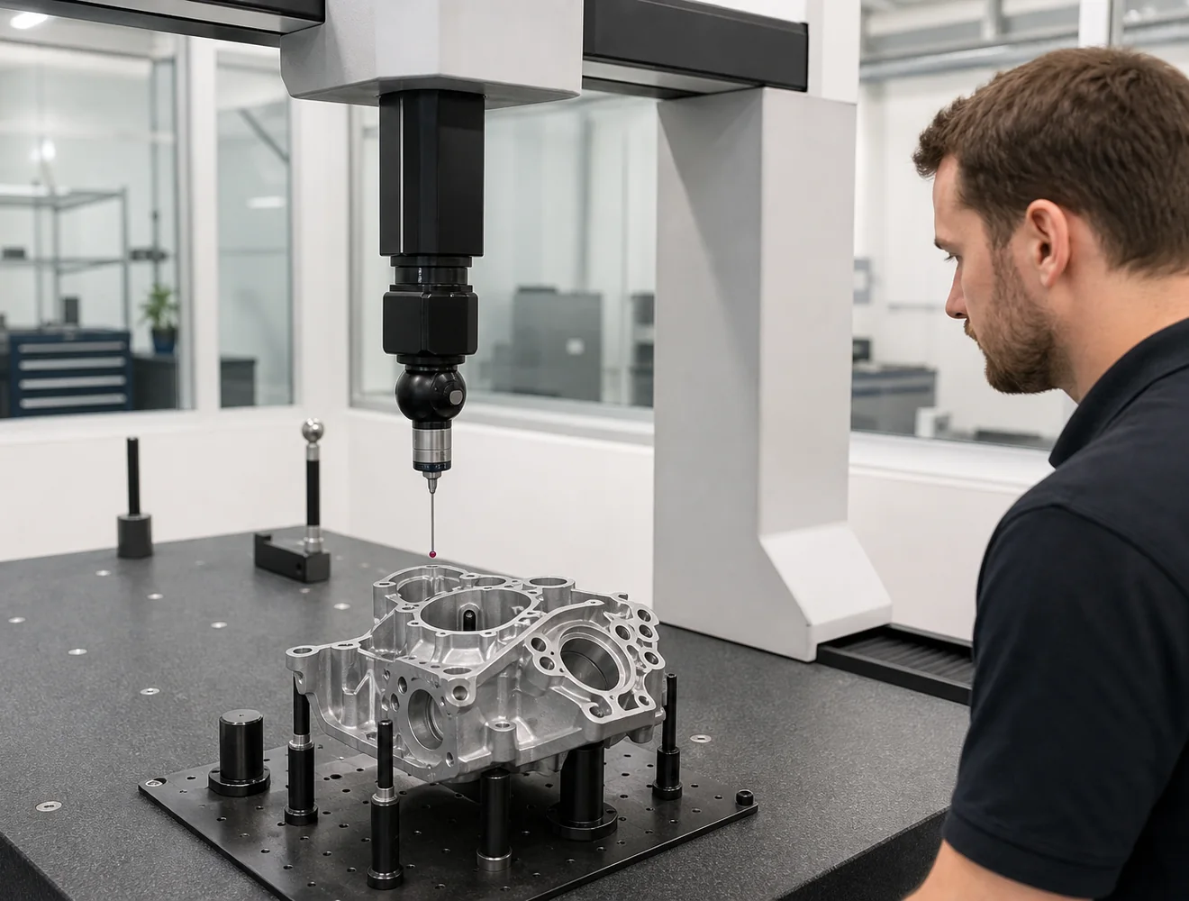 Coordinate measuring machine probing a machined aluminum housing