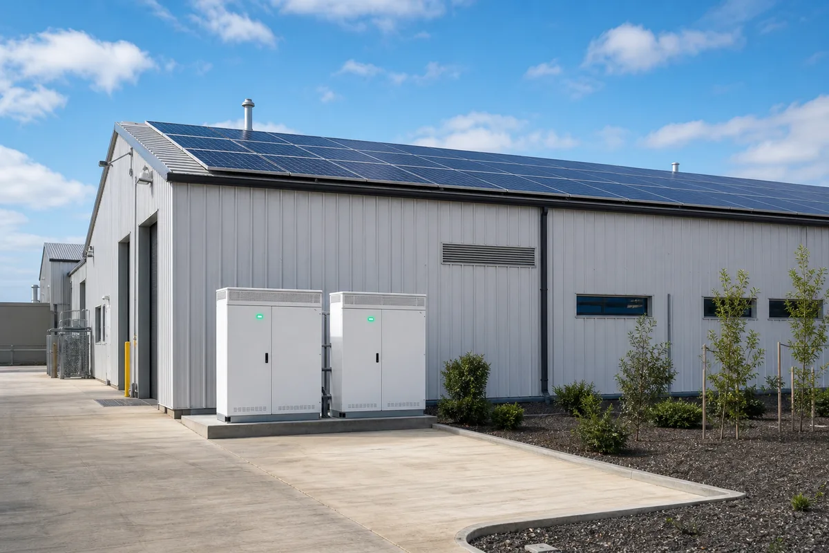 Commercial battery storage cabinets beside a factory with rooftop solar