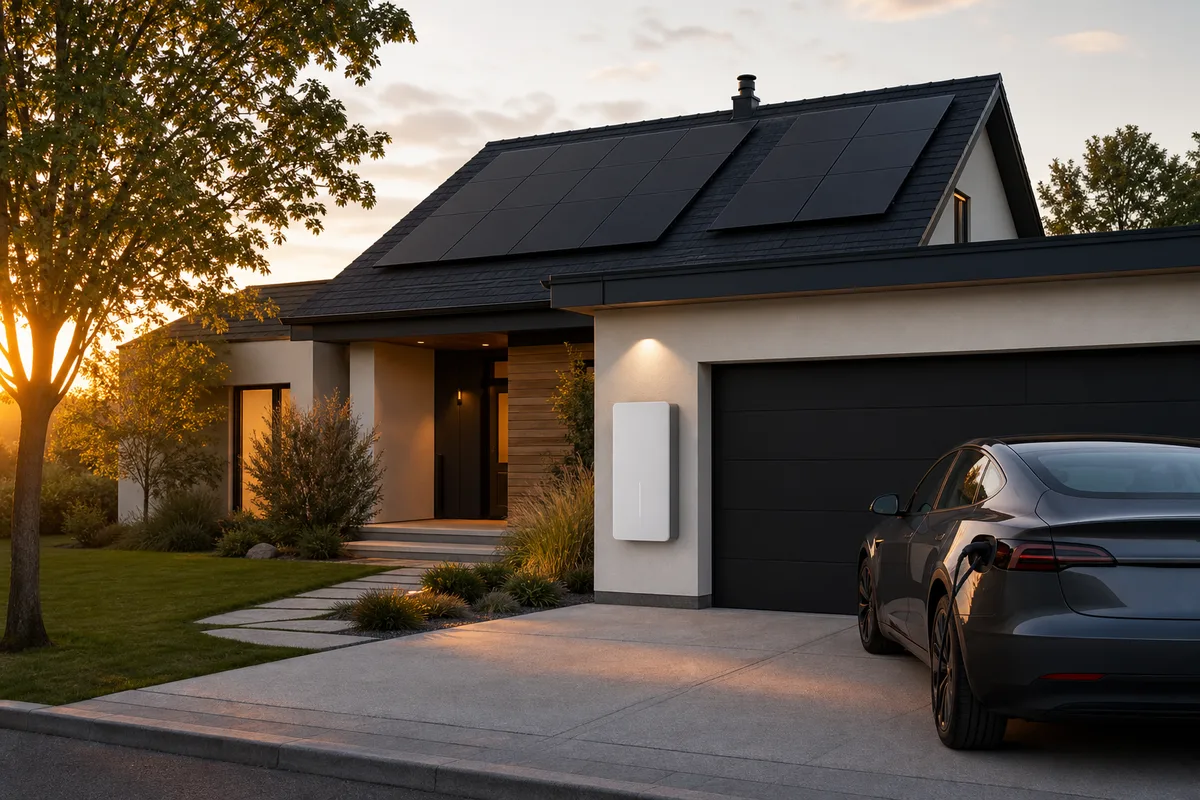 Home battery storage with rooftop solar on a modern house