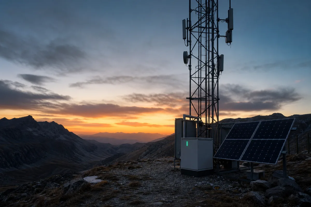 Off grid battery cabinet powering a remote telecom tower at dusk