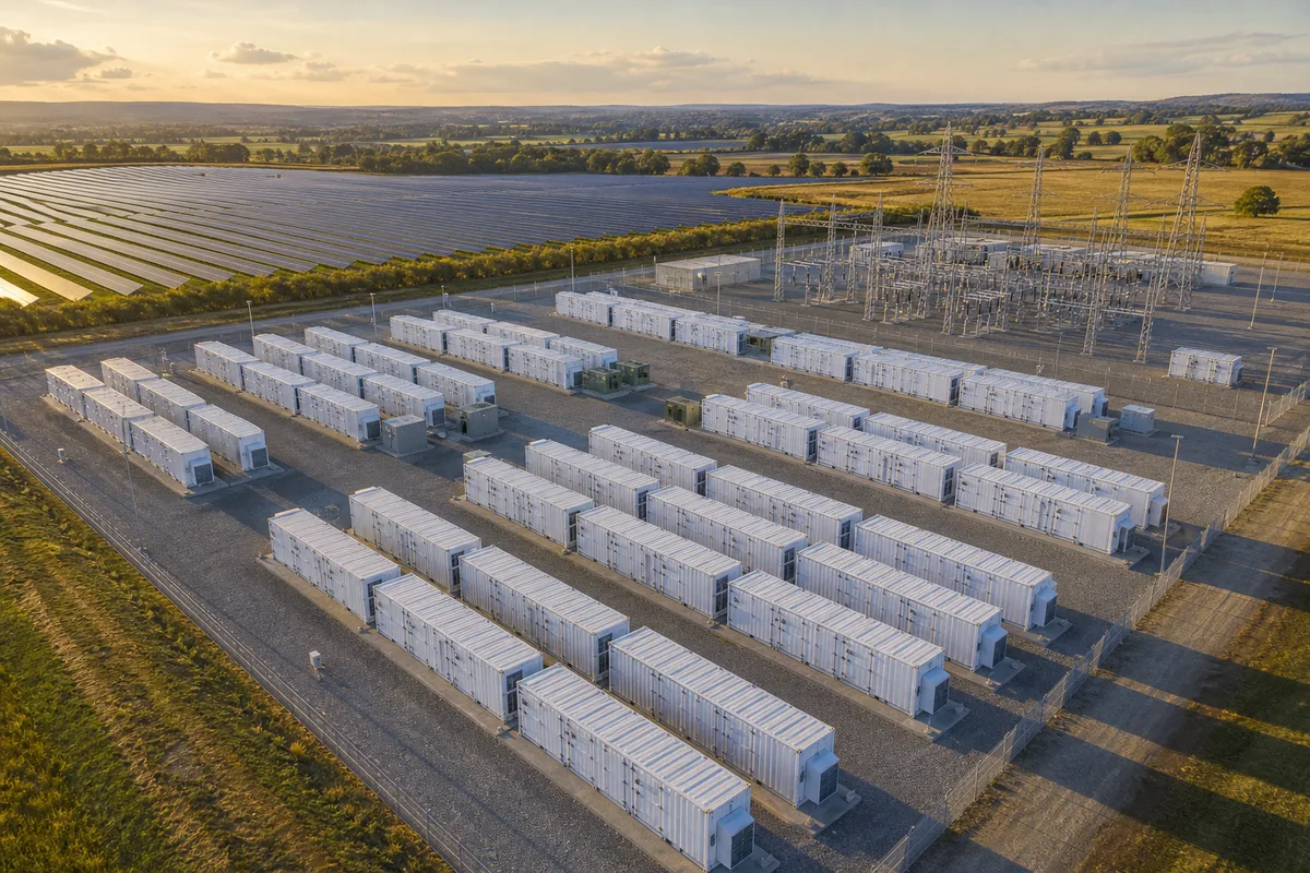 Grid scale battery storage farm with containerized BESS units and solar