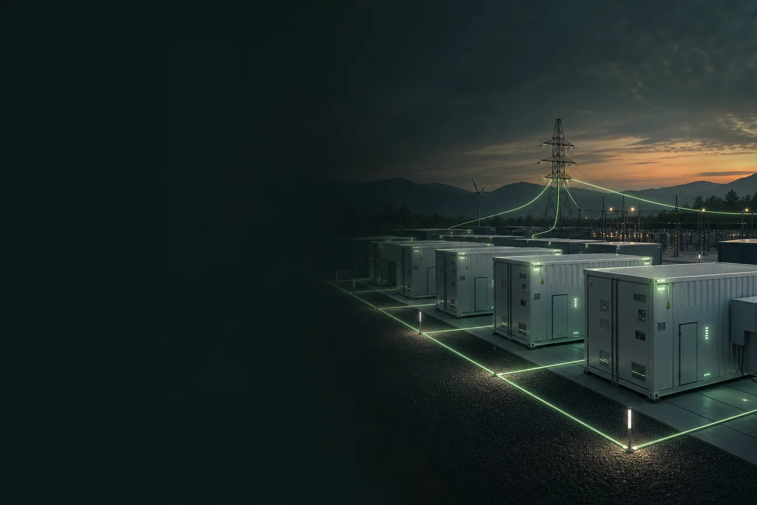 Containerized battery energy storage station with LFP battery containers at dusk