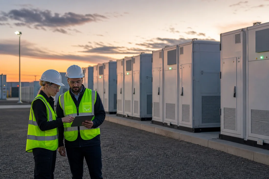 Engineers commissioning containerized BESS units at a grid scale storage site