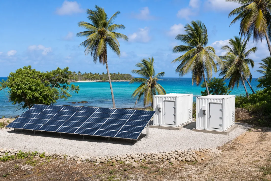 Island solar microgrid with containerized battery storage by the coast