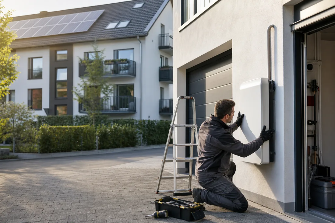 Installer mounting a wall home battery on a residential garage wall