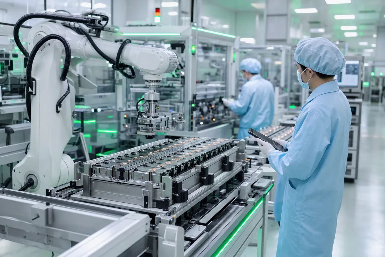 Automated battery module assembly line with robotic arms