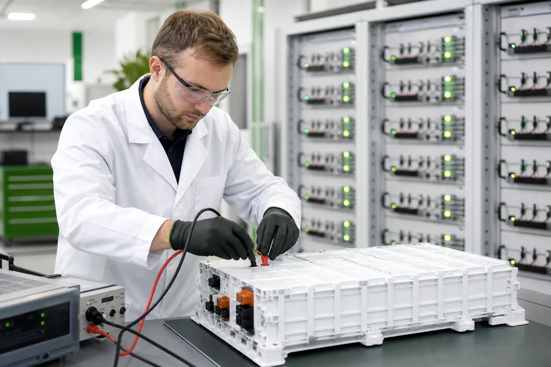 Engineer testing a battery module in the cycling laboratory