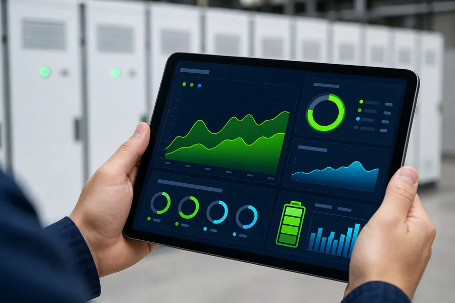 Tablet showing battery energy monitoring dashboard in front of storage cabinets