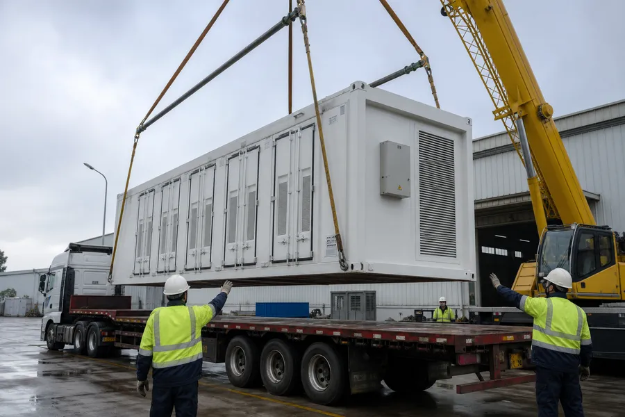 BESS container being craned onto a truck for delivery