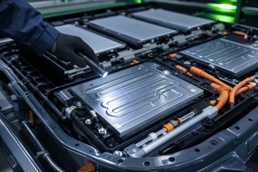 Liquid cooling plates inside an open battery pack under inspection