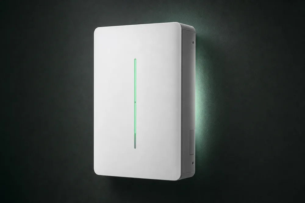 Wall mounted home battery storage unit with green status light