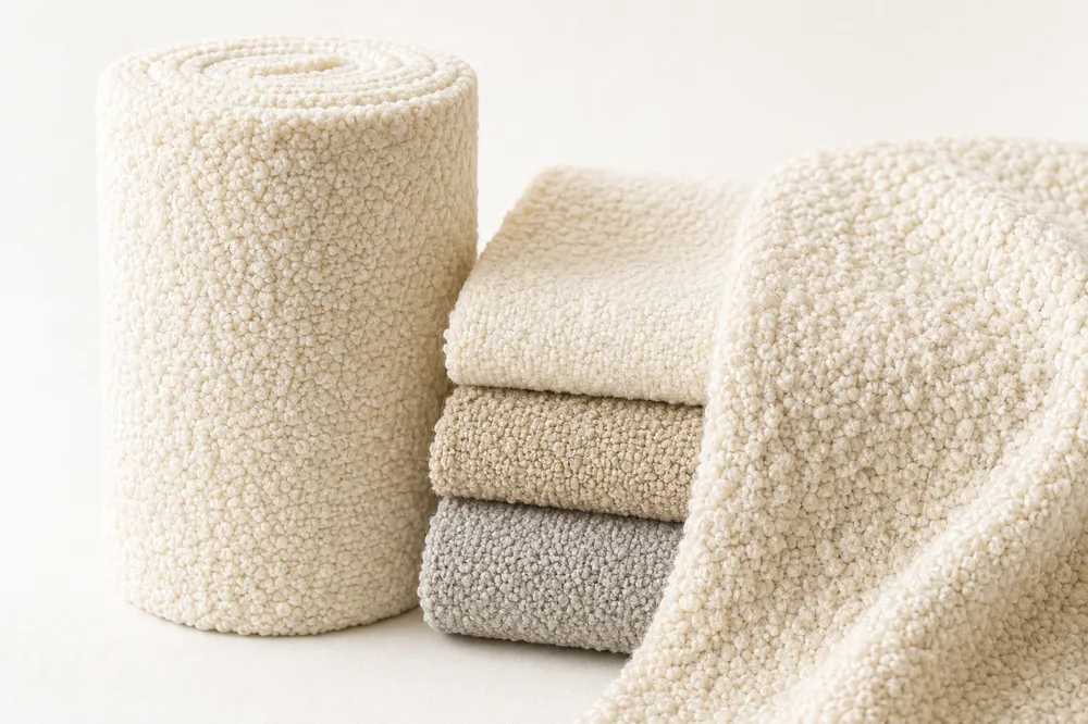 Ivory boucle fabric bolt with looped teddy texture