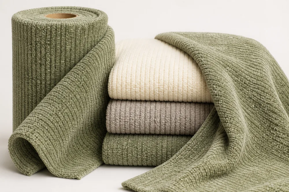 Sage green chenille upholstery fabric roll with folded colourways
